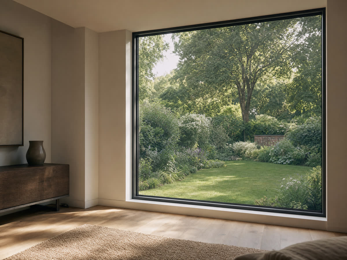 Slim black aluminium window framing a garden view from a minimal interior