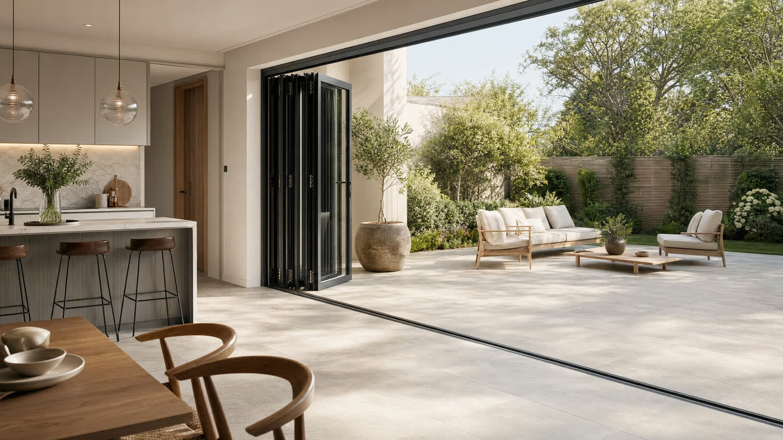 Aluminium bifold doors folded fully open, joining a kitchen-diner to the garden