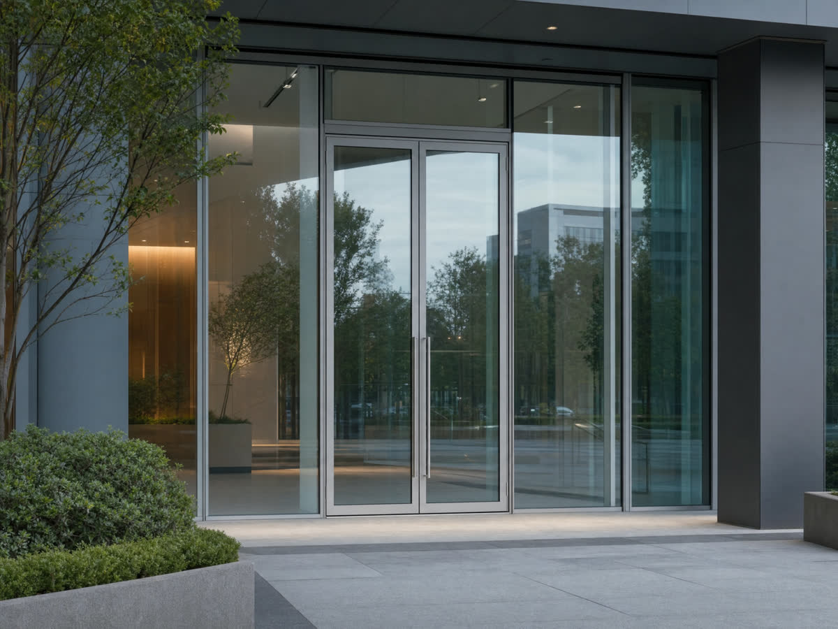 Glass commercial entrance with aluminium doors and a paved forecourt
