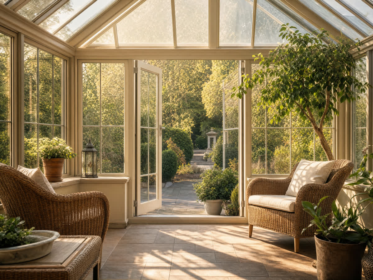 Bright conservatory interior with rattan chairs and plants in the sunshine