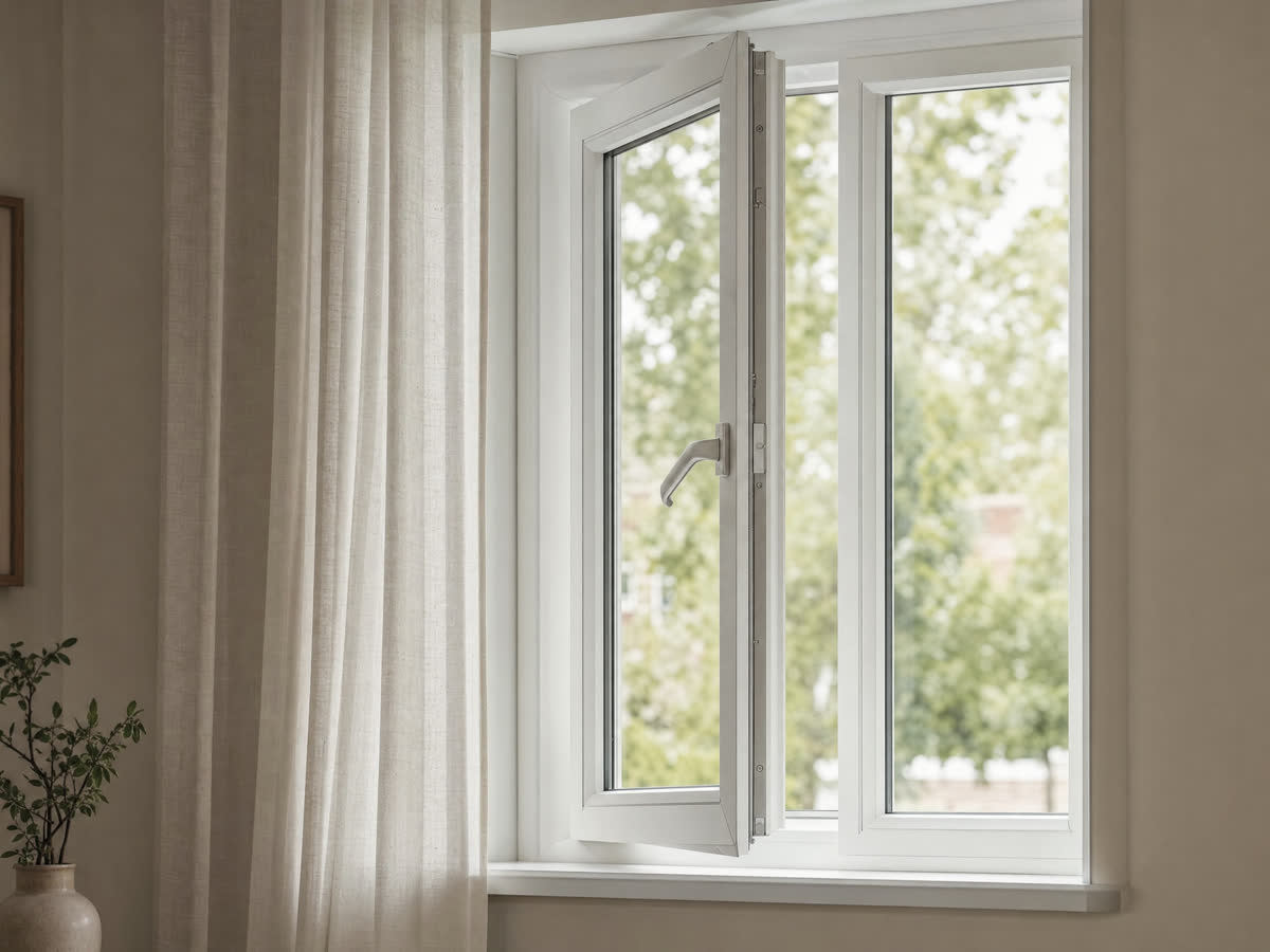 White uPVC casement window with the sash ajar, soft daylight falling into the room